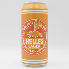 This is a can of Lost and Grounded - Helles - 4.4% (440ml). It is a Lager / Pilsner / Kölsch craft beer available to buy from Ghost Whale, voted London's best craft beer shop.