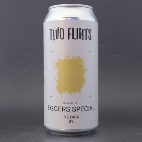 This is a can of Two Flints - Dripping In... Eggers Special - 8% (440ml). It is a Double IPA craft beer available to buy from Ghost Whale, voted London's best craft beer shop.