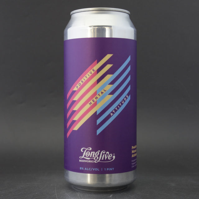 This is a can of Long Live Beer Works - Positive Mental Attitude - 8% (473ml). It is a Double IPA craft beer available to buy from Ghost Whale, voted London's best craft beer shop.