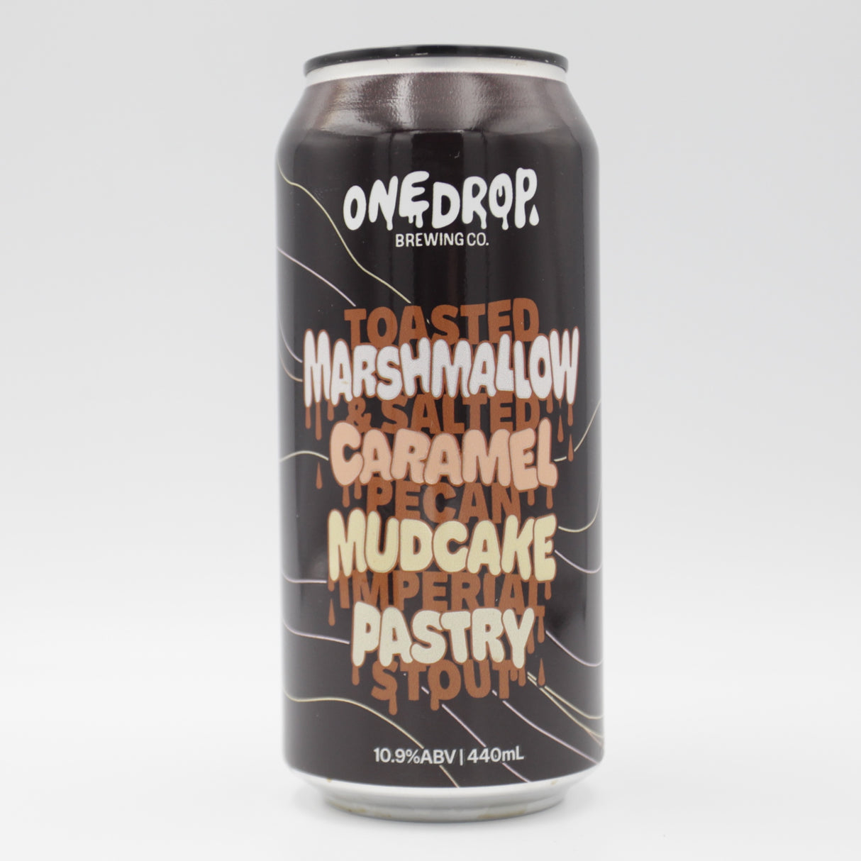 This is a can of One Drop - Toasted Marshmallow & Salted Caramel Pecan Mudcake - 10.9% (440ml). It is a Imperial Stout / Porter craft beer available to buy from Ghost Whale, voted London's best craft beer shop.