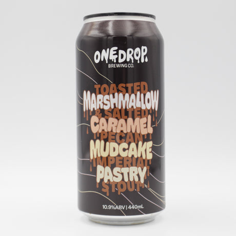 This is a can of One Drop - Toasted Marshmallow & Salted Caramel Pecan Mudcake - 10.9% (440ml). It is a Imperial Stout / Porter craft beer available to buy from Ghost Whale, voted London's best craft beer shop.