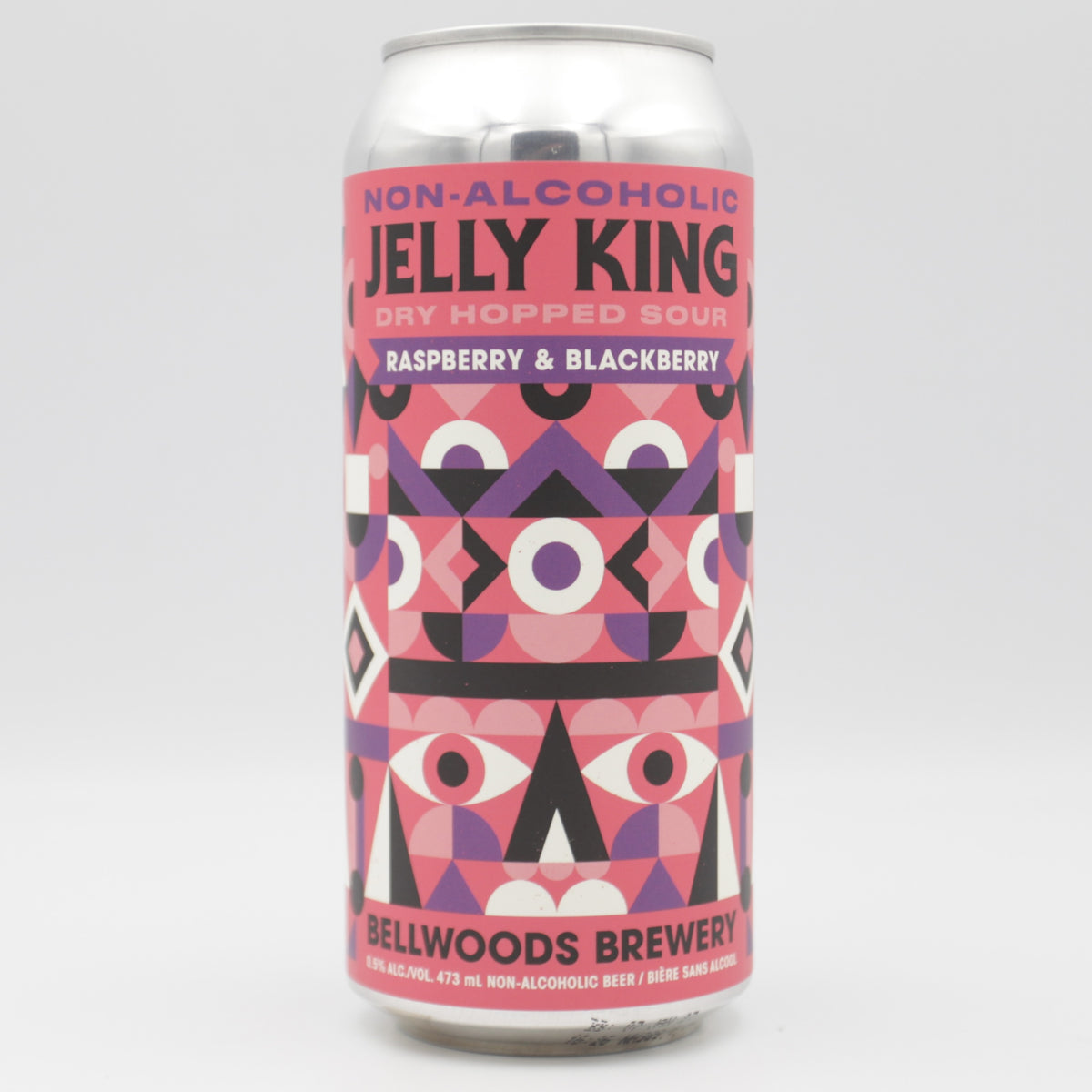 This is a can of Bellwoods - Non-Alcoholic Jelly King: Raspberry & Blackberry - 0.5% (473ml). It is a Sour craft beer available to buy from Ghost Whale, voted London's best craft beer shop.