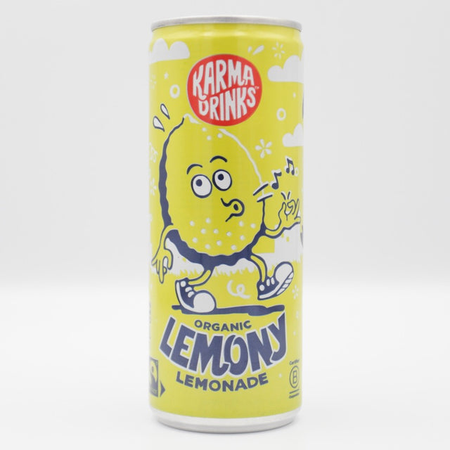 This is a can of Karma - Lemony Lemonade - 0% (250ml). It is a  craft soft drink available to buy from Ghost Whale, voted London's best craft beer shop.