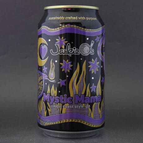 This is a can of Jackie O's - Mystic Mama - 7% (355ml). It is a IPA craft beer available to buy from Ghost Whale, voted London's best craft beer shop.