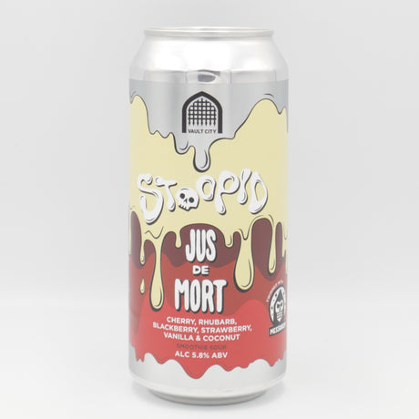 This is a can of Vault City / Messorem - Stoopid: Jus De Mort - 5.8% (440ml). It is a Sour craft beer available to buy from Ghost Whale, voted London's best craft beer shop.