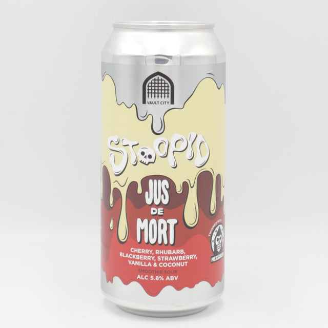 This is a can of Vault City / Messorem - Stoopid: Jus De Mort - 5.8% (440ml). It is a Sour craft beer available to buy from Ghost Whale, voted London's best craft beer shop.