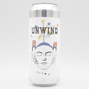 This is a can of Baron - Unwind - 6.5% (500ml). It is a IPA craft beer available to buy from Ghost Whale, voted London's best craft beer shop.