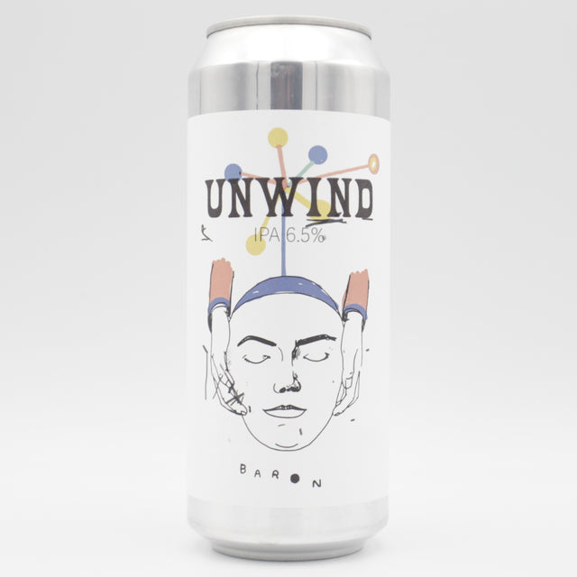 This is a can of Baron - Unwind - 6.5% (500ml). It is a IPA craft beer available to buy from Ghost Whale, voted London's best craft beer shop.
