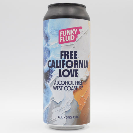 This is a can of Funky Fluid - Free California Love - 0.5% (500ml). It is a IPA craft beer available to buy from Ghost Whale, voted London's best craft beer shop.