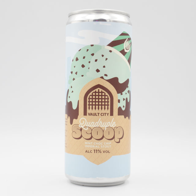 This is a can of Vault City - Quadruple Scoop: Mint Choc Chip - 14% (330ml). It is a Imperial Stout / Porter craft beer available to buy from Ghost Whale, voted London's best craft beer shop.