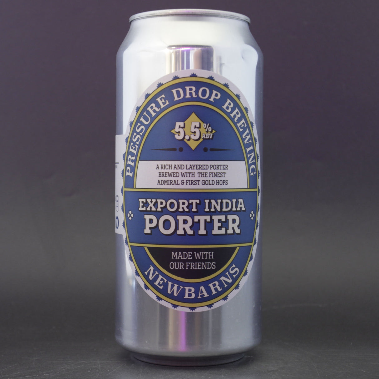 This is a can of Pressure Drop / Newbarns - Export India Porter - 5.5% (440ml). It is a Stout / Porter craft beer available to buy from Ghost Whale, voted London's best craft beer shop.
