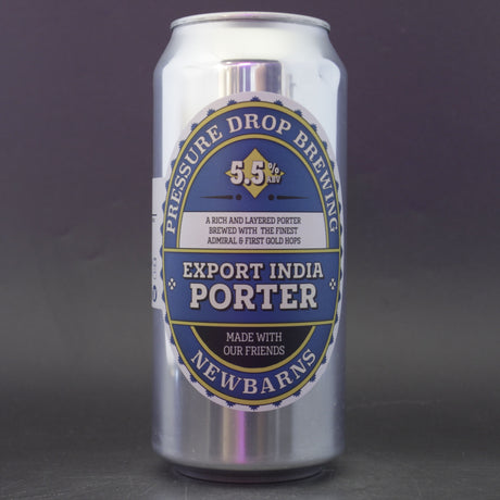 This is a can of Pressure Drop / Newbarns - Export India Porter - 5.5% (440ml). It is a Stout / Porter craft beer available to buy from Ghost Whale, voted London's best craft beer shop.