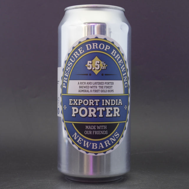 This is a can of Pressure Drop / Newbarns - Export India Porter - 5.5% (440ml). It is a Stout / Porter craft beer available to buy from Ghost Whale, voted London's best craft beer shop.