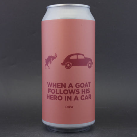 This is a can of Pomona Island - When A Goat Follows His Hero In A Car - 8% (440ml). It is a Double IPA craft beer available to buy from Ghost Whale, voted London's best craft beer shop.