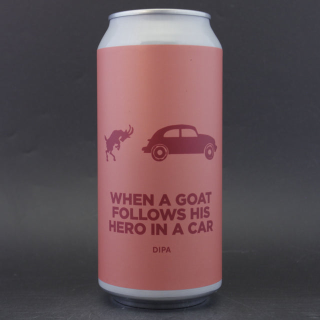 This is a can of Pomona Island - When A Goat Follows His Hero In A Car - 8% (440ml). It is a Double IPA craft beer available to buy from Ghost Whale, voted London's best craft beer shop.