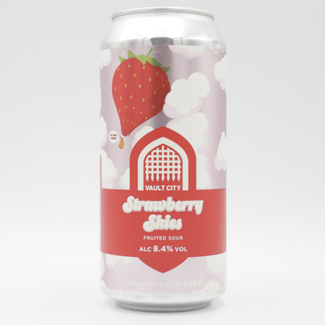 This is a can of Vault City - Strawberry Skies - 8.4% (440ml). It is a Sour craft beer available to buy from Ghost Whale, voted London's best craft beer shop.