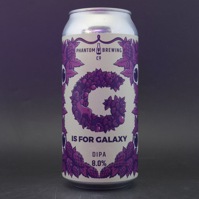 This is a can of Phantom Brewing Co - G Is For Galaxy - 8% (440ml). It is a Double IPA craft beer available to buy from Ghost Whale, voted London's best craft beer shop.