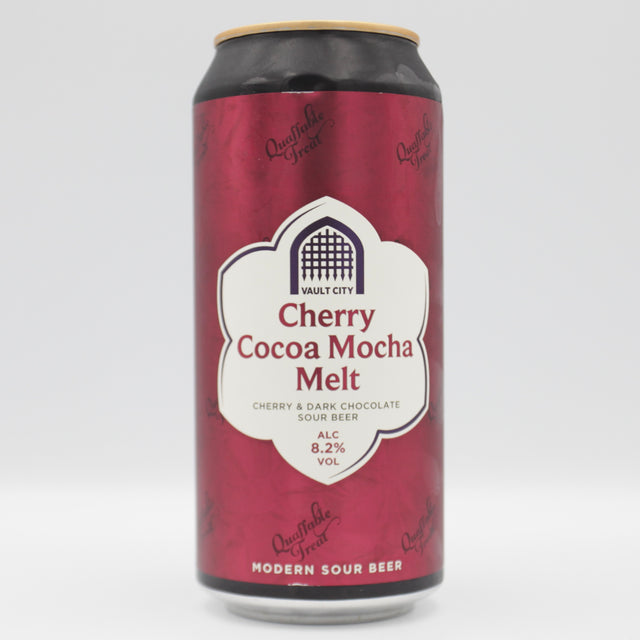This is a can of Vault City - Cherry Cocoa Mocha Melt - 8.2% (440ml). It is a Sour craft beer available to buy from Ghost Whale, voted London's best craft beer shop.