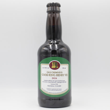This is a bottle of Old Chimneys - Good King Henry VII - 9.2% (330ml). It is a Imperial Stout / Porter craft beer available to buy from Ghost Whale, voted London's best craft beer shop.