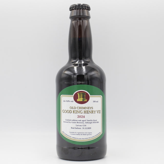 This is a bottle of Old Chimneys - Good King Henry VII - 9.2% (330ml). It is a Imperial Stout / Porter craft beer available to buy from Ghost Whale, voted London's best craft beer shop.