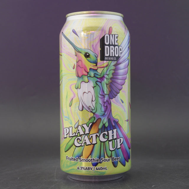 This is a can of One Drop - Play Catch Up - 6.3% (440ml). It is a Sour craft beer available to buy from Ghost Whale, voted London's best craft beer shop.