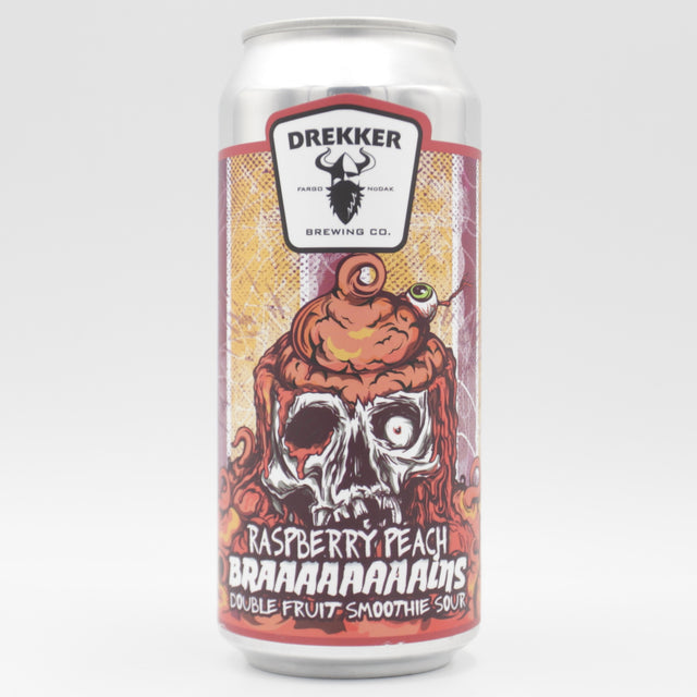 This is a can of Drekker - Braaaaaaaains: Raspberry & Peach - 6.3% (473ml). It is a Sour craft beer available to buy from Ghost Whale, voted London's best craft beer shop.