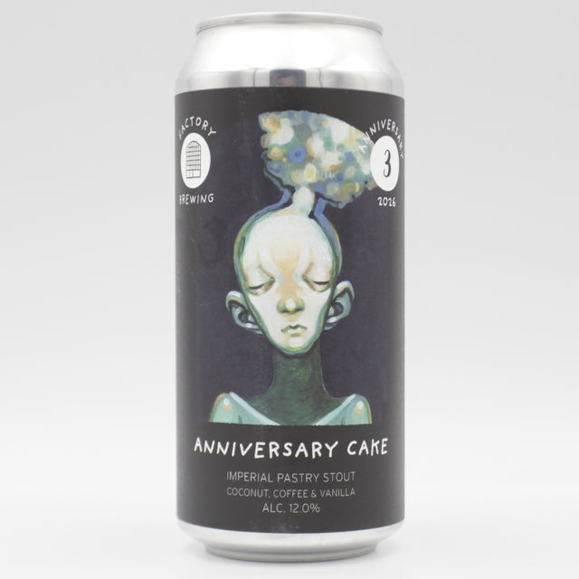 This is a can of Factory Brewing / Two Flints - Anniversary Cake - 12% (440ml). It is a Imperial Stout / Porter craft beer available to buy from Ghost Whale, voted London's best craft beer shop.