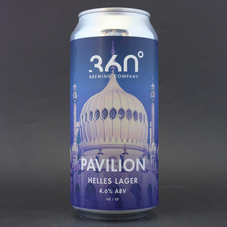 This is a can of 360 Degree Brewing Company - Pavilion - 4.6% (440ml). It is a Lager / Pilsner / Kölsch craft beer available to buy from Ghost Whale, voted London's best craft beer shop.