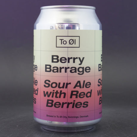 This is a can of To Øl - Berry Barrage - 5.2% (330ml). It is a Sour craft beer available to buy from Ghost Whale, voted London's best craft beer shop.