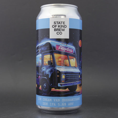 This is a can of State Of Kind - Ice Cream Van Shenanigans - 5.6% (440ml). It is a IPA craft beer available to buy from Ghost Whale, voted London's best craft beer shop.