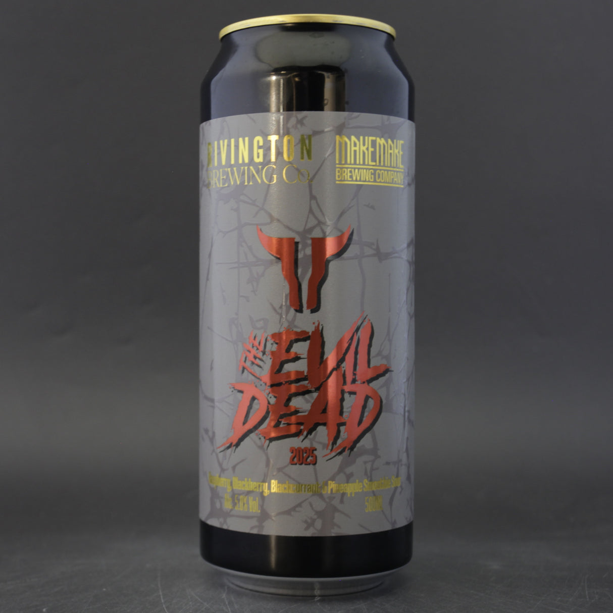 This is a can of Rivington / Makemake - The Evil Dead - 5% (500ml). It is a Sour craft beer available to buy from Ghost Whale, voted London's best craft beer shop.