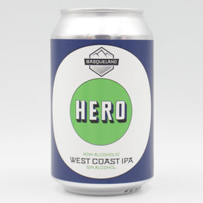 This is a can of Basqueland - Hero: West Coast IPA - 0.5% (330ml). It is a IPA craft beer available to buy from Ghost Whale, voted London's best craft beer shop.