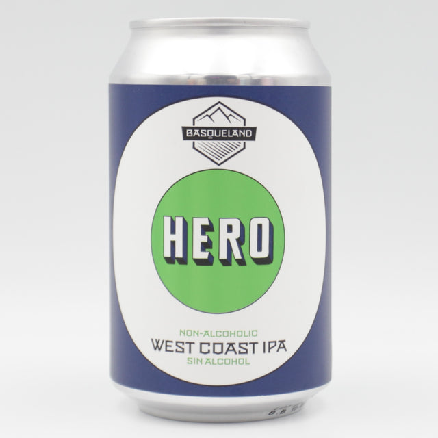 This is a can of Basqueland - Hero: West Coast IPA - 0.5% (330ml). It is a IPA craft beer available to buy from Ghost Whale, voted London's best craft beer shop.