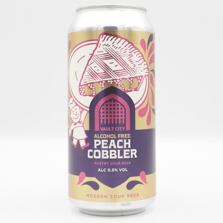 This is a can of Vault City - AF Peach Cobbler - 0.5% (440ml). It is a Sour craft beer available to buy from Ghost Whale, voted London's best craft beer shop.