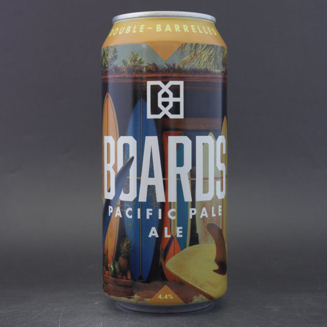 This is a can of Double Barrelled - Boards - 4.4% (440ml). It is a Pale Ale craft beer available to buy from Ghost Whale, voted London's best craft beer shop.