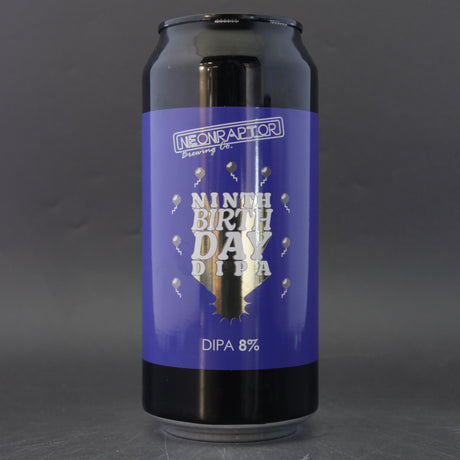 This is a can of Neon Raptor - Ninth Birthday DIPA - 8% (440ml). It is a Double IPA craft beer available to buy from Ghost Whale, voted London's best craft beer shop.