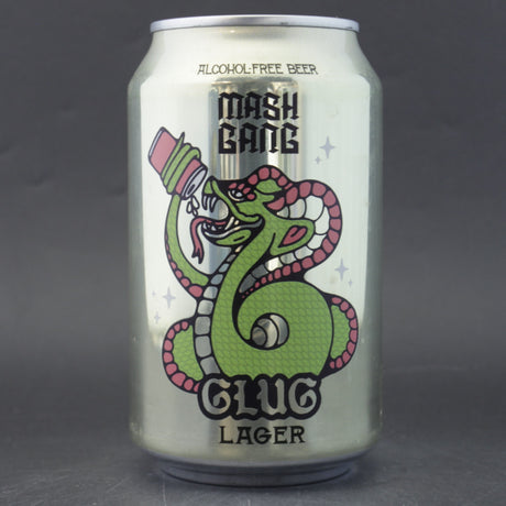 This is a can of Mash Gang - Glug - 0.5% (330ml). It is a Lager / Pilsner / Kölsch craft beer available to buy from Ghost Whale, voted London's best craft beer shop.