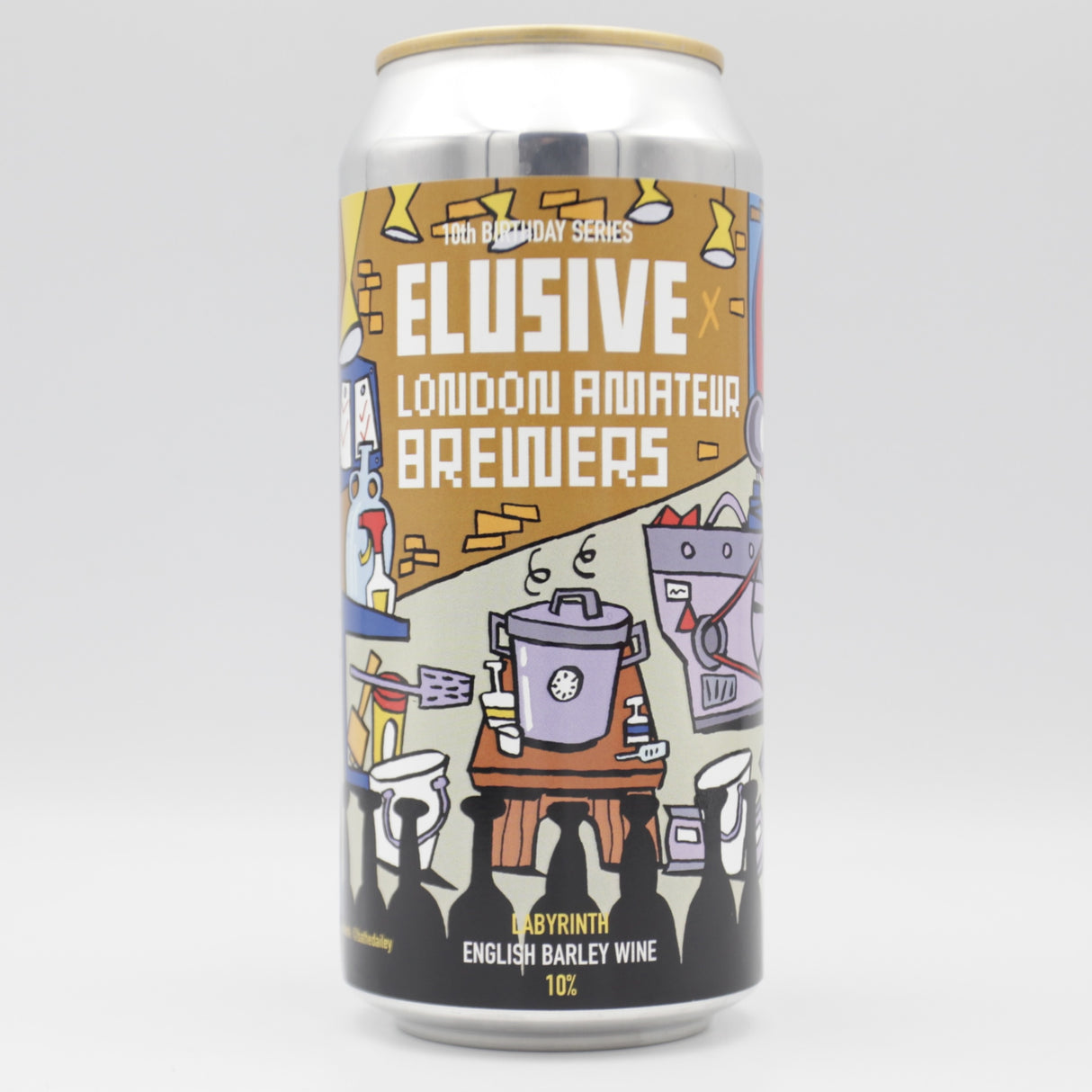 This is a can of Elusive Brewing - Labyrinth Barley Wine - 10% (440ml). It is a Barley Wine craft beer available to buy from Ghost Whale, voted London's best craft beer shop.