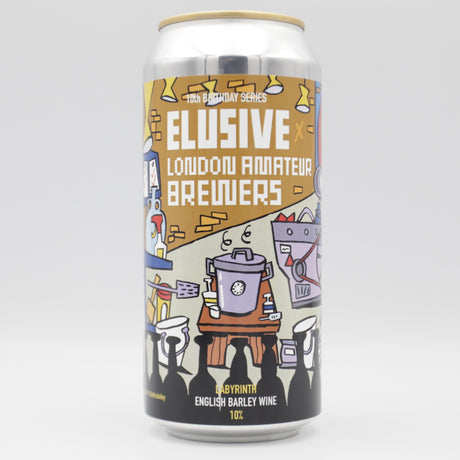 This is a can of Elusive Brewing - Labyrinth Barley Wine - 10% (440ml). It is a Barley Wine craft beer available to buy from Ghost Whale, voted London's best craft beer shop.