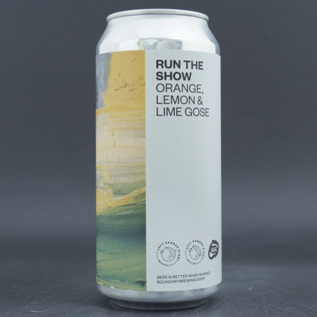 This is a can of Boundary / Left Handed Giant - Run The Show - 3.4% (440ml). It is a Gose craft beer available to buy from Ghost Whale, voted London's best craft beer shop.
