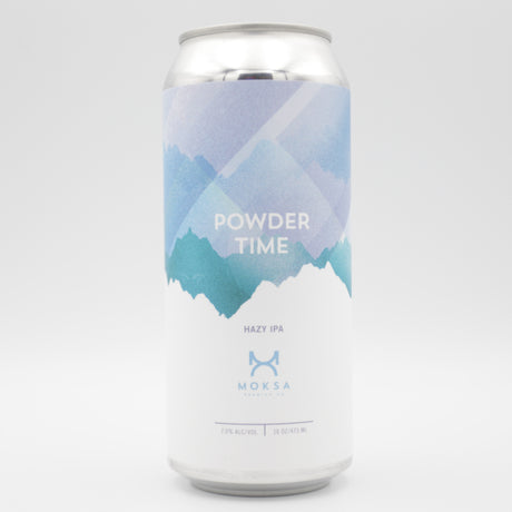 This is a can of Moksa - Powder Time - 7% (473ml). It is a IPA craft beer available to buy from Ghost Whale, voted London's best craft beer shop.