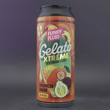 This is a can of Funky Fluid - Gelato Xtreme: Tropical Shake - 8% (500ml). It is a Sour craft beer available to buy from Ghost Whale, voted London's best craft beer shop.