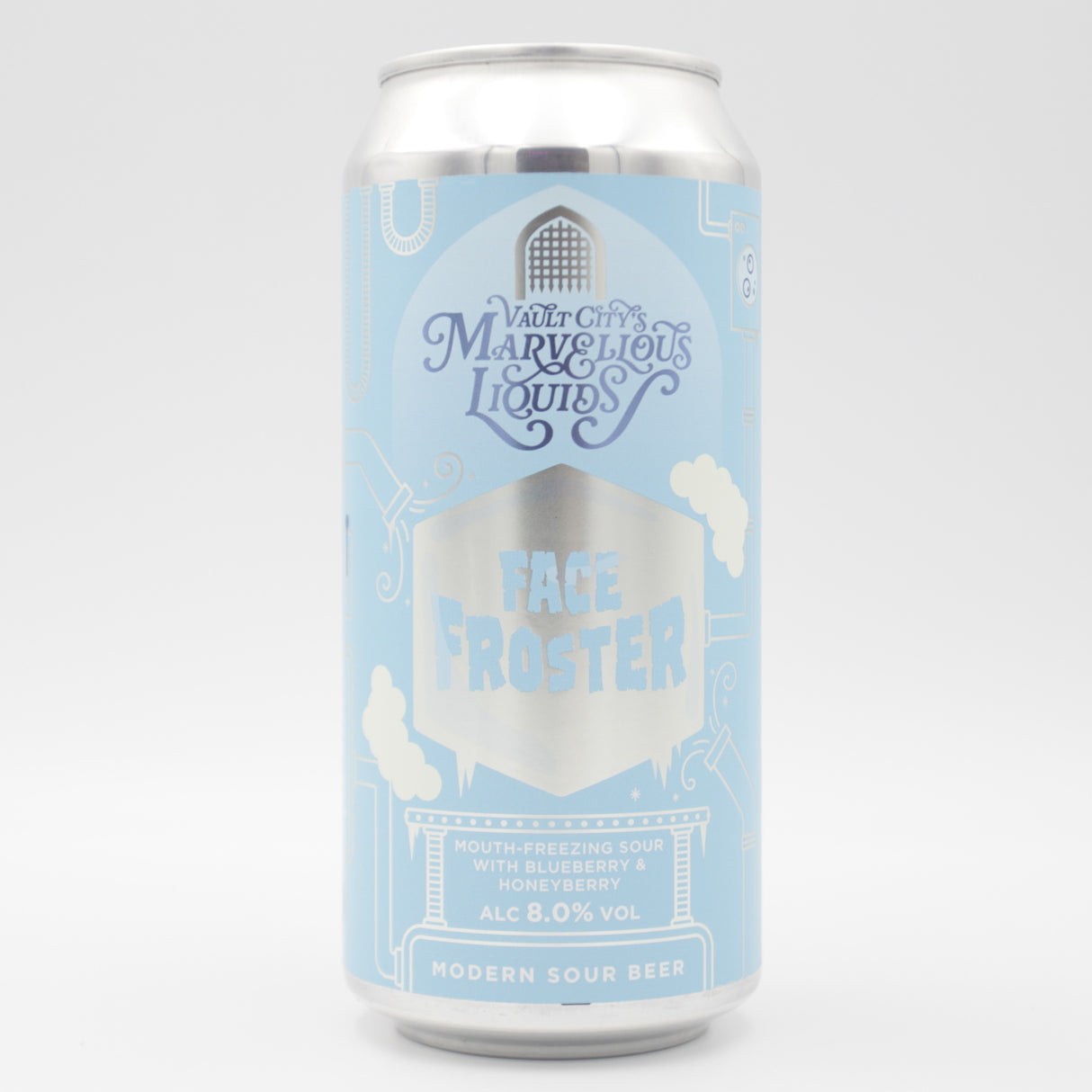 This is a can of Vault City - Marvelous Liquids: Face Froster - 8% (440ml). It is a Sour craft beer available to buy from Ghost Whale, voted London's best craft beer shop.