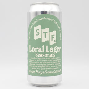 This is a can of Simple Things Fermentations - Loral Lager - 5% (440ml). It is a Lager / Pilsner / Kölsch craft beer available to buy from Ghost Whale, voted London's best craft beer shop.