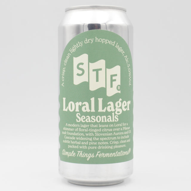 This is a can of Simple Things Fermentations - Loral Lager - 5% (440ml). It is a Lager / Pilsner / Kölsch craft beer available to buy from Ghost Whale, voted London's best craft beer shop.