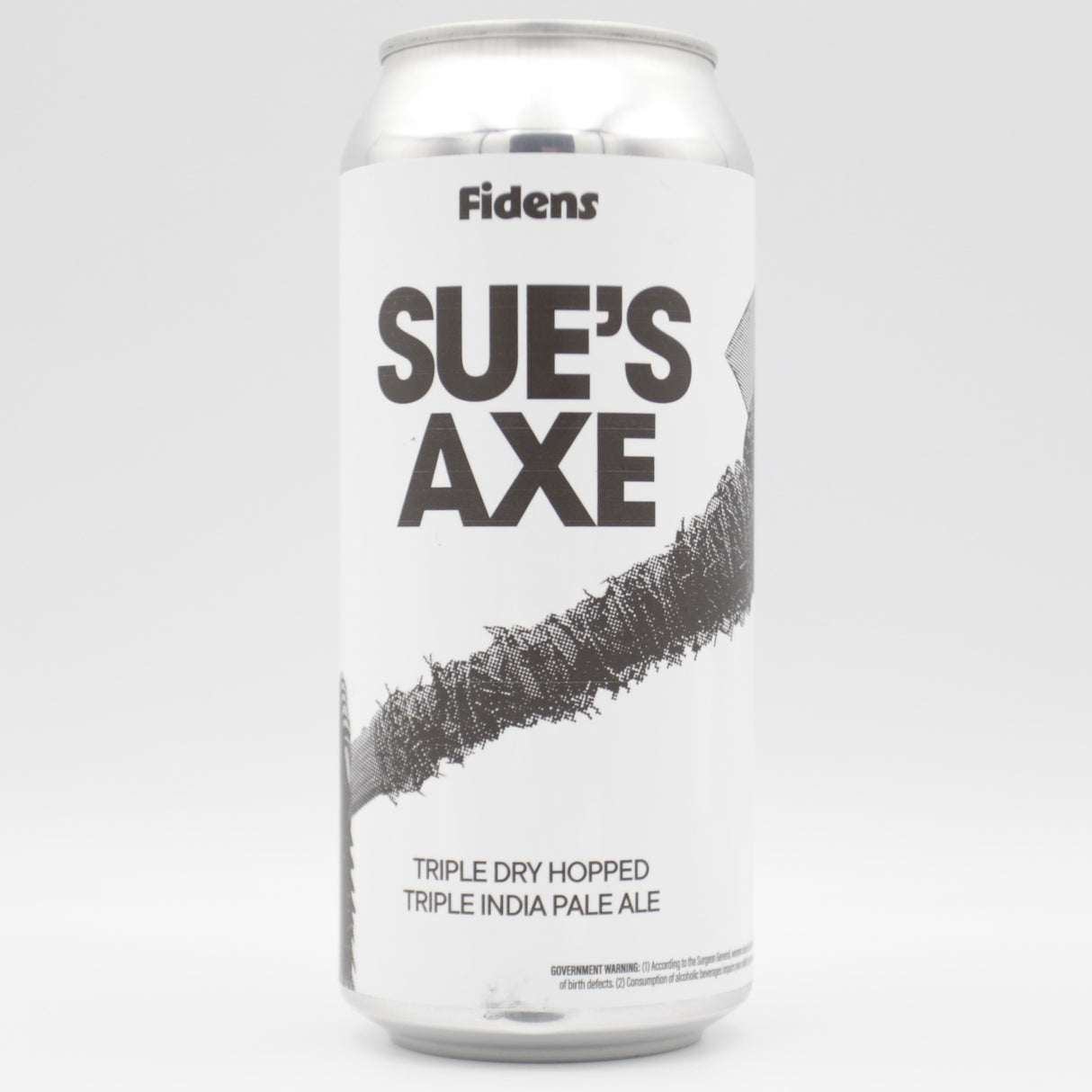 This is a can of Fidens / Toppling Goliath - Sue's Axe - 10% (473ml). It is a Triple IPA craft beer available to buy from Ghost Whale, voted London's best craft beer shop.