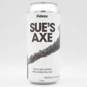 This is a can of Fidens / Toppling Goliath - Sue's Axe - 10% (473ml). It is a Triple IPA craft beer available to buy from Ghost Whale, voted London's best craft beer shop.