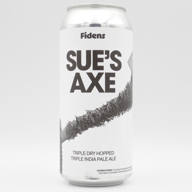 This is a can of Fidens / Toppling Goliath - Sue's Axe - 10% (473ml). It is a Triple IPA craft beer available to buy from Ghost Whale, voted London's best craft beer shop.