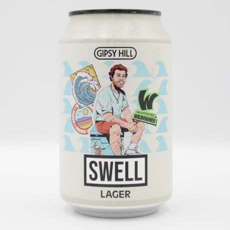 This is a can of Gipsy Hill - Swell - 4% (330ml). It is a Lager / Pilsner / Kölsch craft beer available to buy from Ghost Whale, voted London's best craft beer shop.