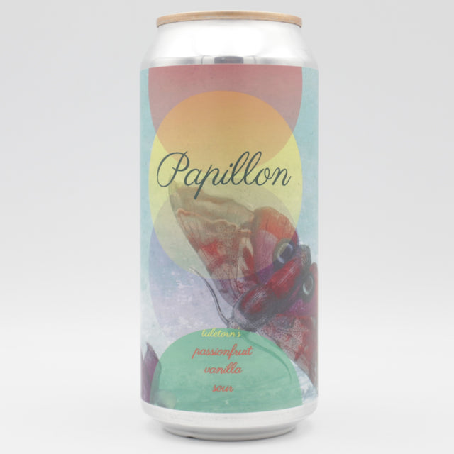This is a can of Tuletorn - Papillon - 5.2% (440ml). It is a Gose craft beer available to buy from Ghost Whale, voted London's best craft beer shop.